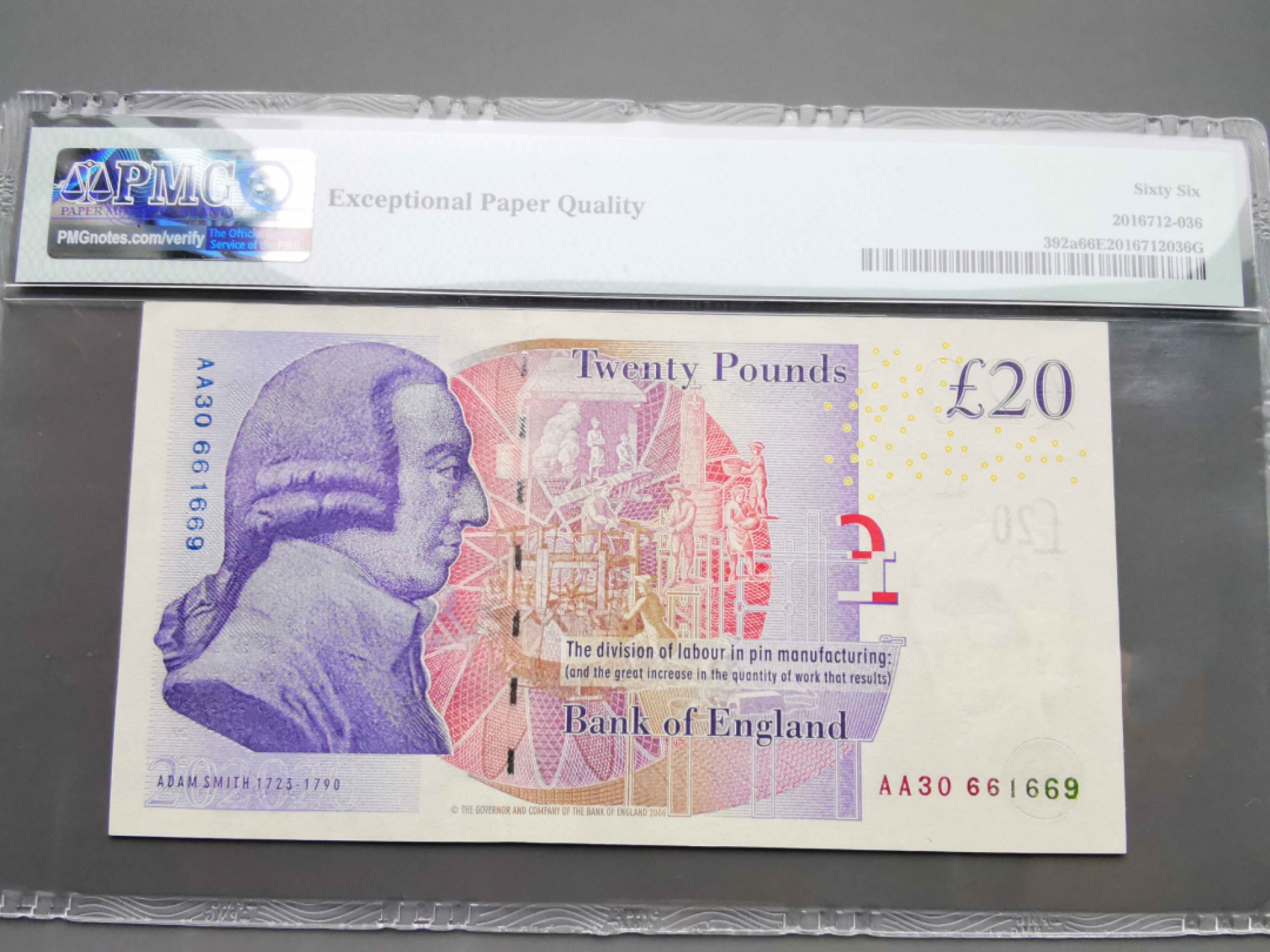 《崇甫堂》-英国纸钞PMG评级专场IV 英国 2006年 AA字冠  Pick:392a PMG-66 F序列20镑 亚当斯密