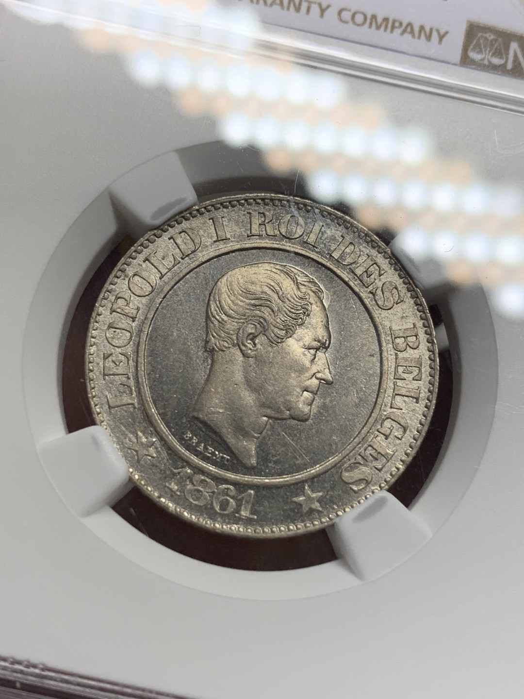 《竞宝斋》第112场-周日，周一 ，2场连拍（全场包邮） NGC MS64 比利时1861年20分 亚军分 发丝清晰