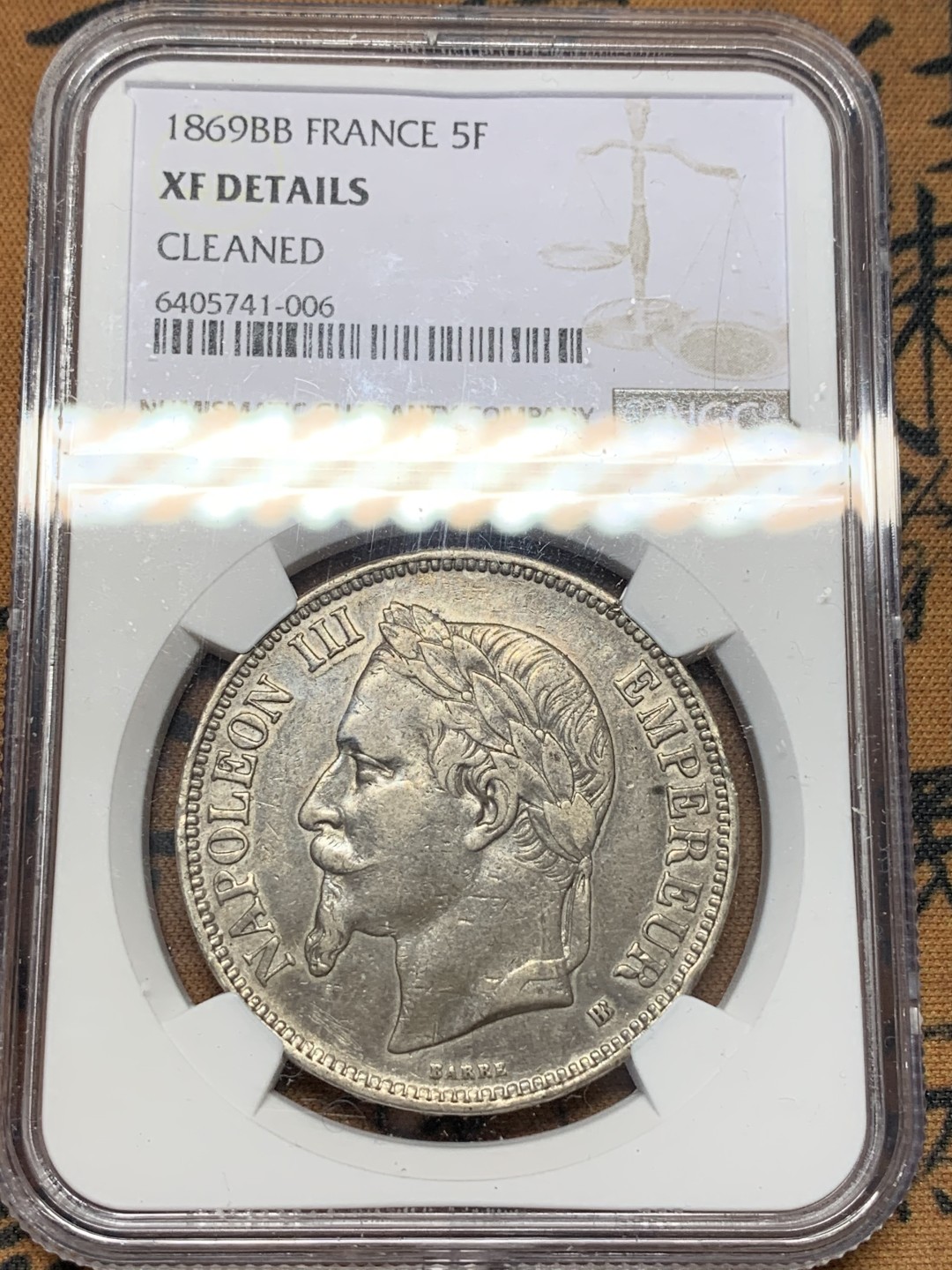 《竞宝斋》第112场-周日，周一 ，2场连拍（全场包邮） NGC XF 法国1869年拿三5法郎 银币