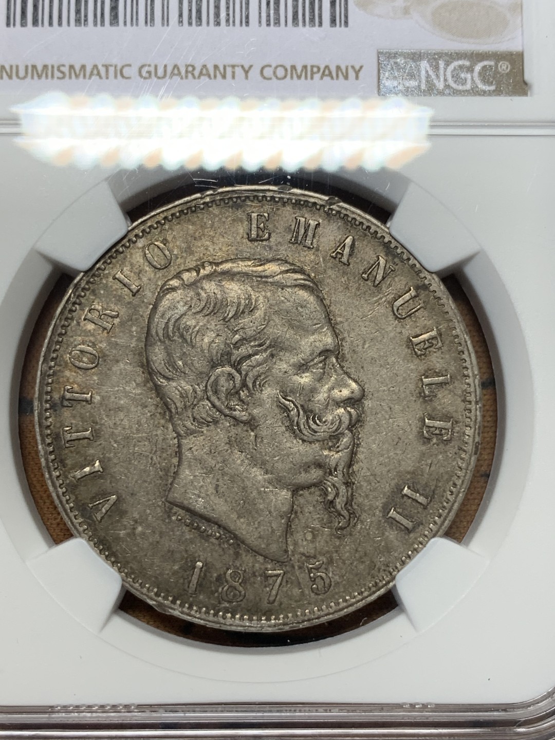 《竞宝斋》第112场-周日，周一 ，2场连拍（全场包邮） NGC AU 1875年 意大利 5里拉 原味银币