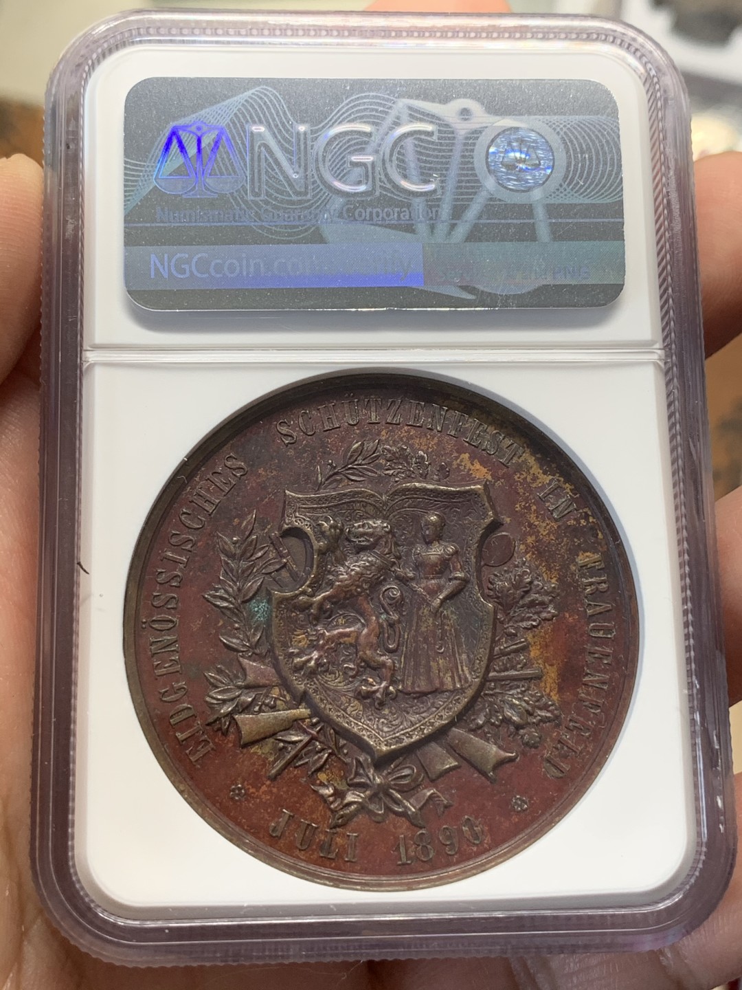 《竞宝斋》第112场-周日，周一 ，2场连拍（全场包邮） NGC UNC 瑞士 1890 弗劳恩菲儿德射击节 铜章 好细节高浮雕 加厚盒子