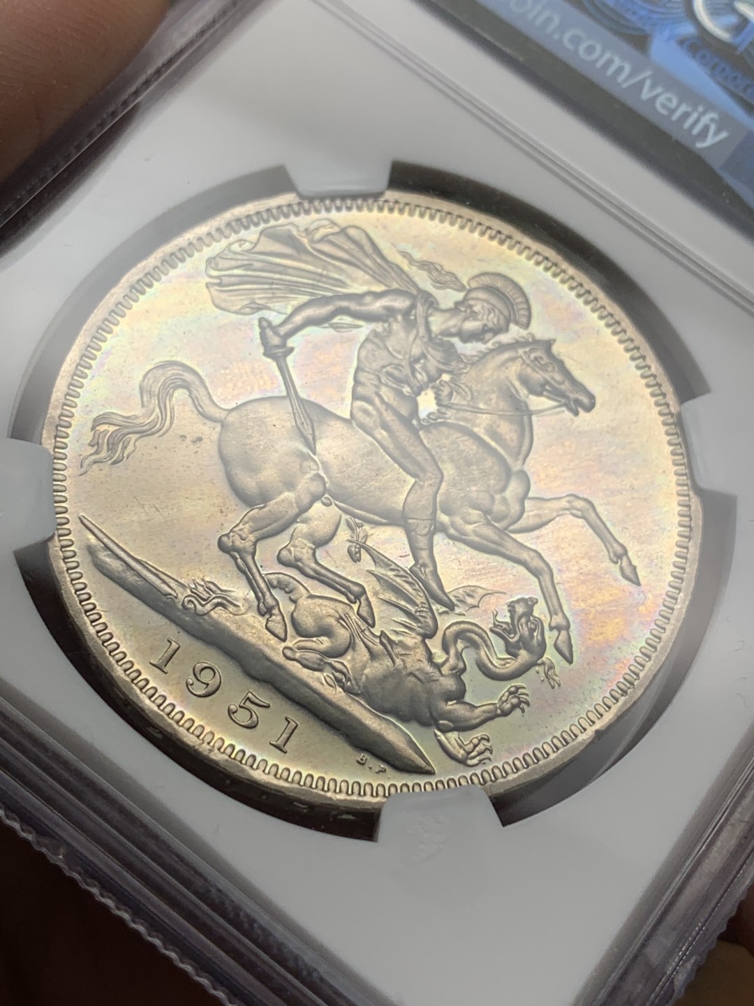 《竞宝斋》第112场-周日，周一 ，2场连拍（全场包邮） NGC-PL63 英国1951年镍马剑克朗，英国唯一的镍制马剑克朗