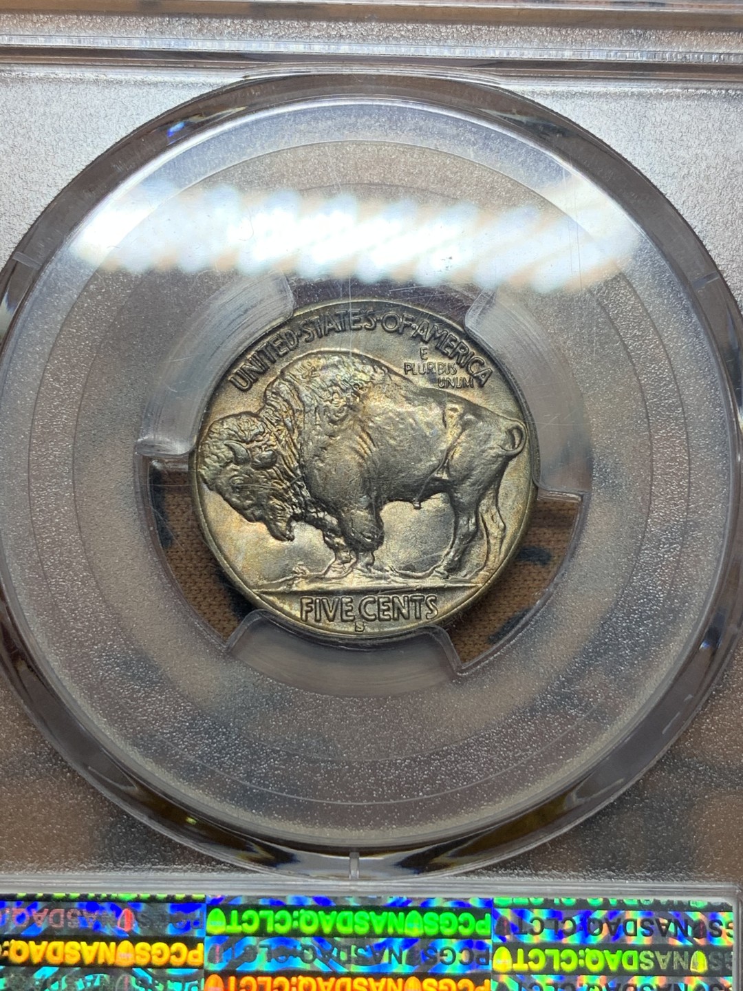 《竞宝斋》第112场-周日，周一 ，2场连拍（全场包邮） PCGS MS65 美国 1937年 印第安野牛 5美分 淡彩包浆 很不错