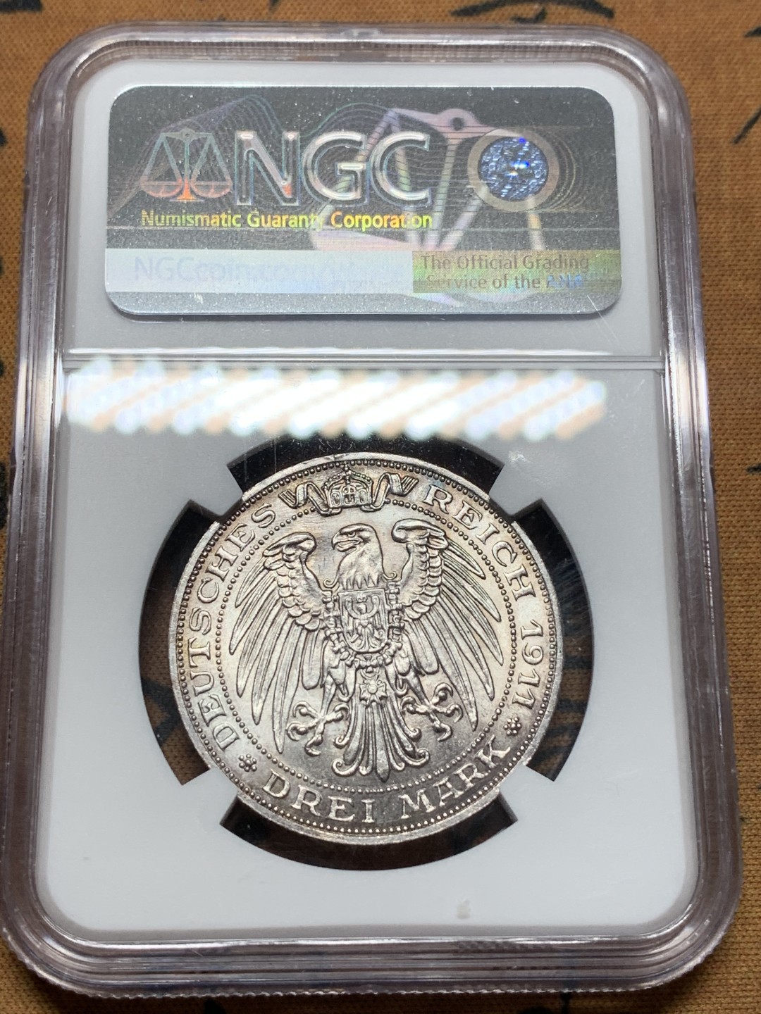 《竞宝斋》第112场-周日，周一 ，2场连拍（全场包邮） NGC MS64 德国普鲁士 1911年 布雷斯劳大学3马克 银币