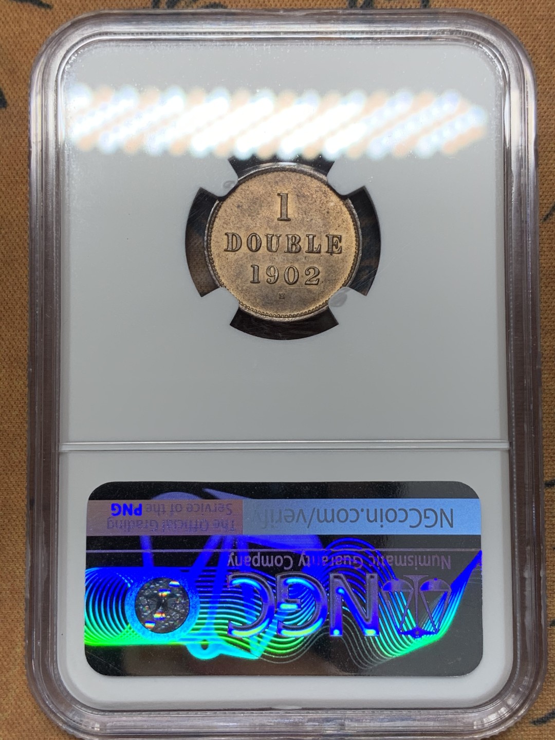 《竞宝斋》第112场-周日，周一 ，2场连拍（全场包邮） NGC MS64 RB英属格恩济1902H1道布 季军分级 光泽细腻