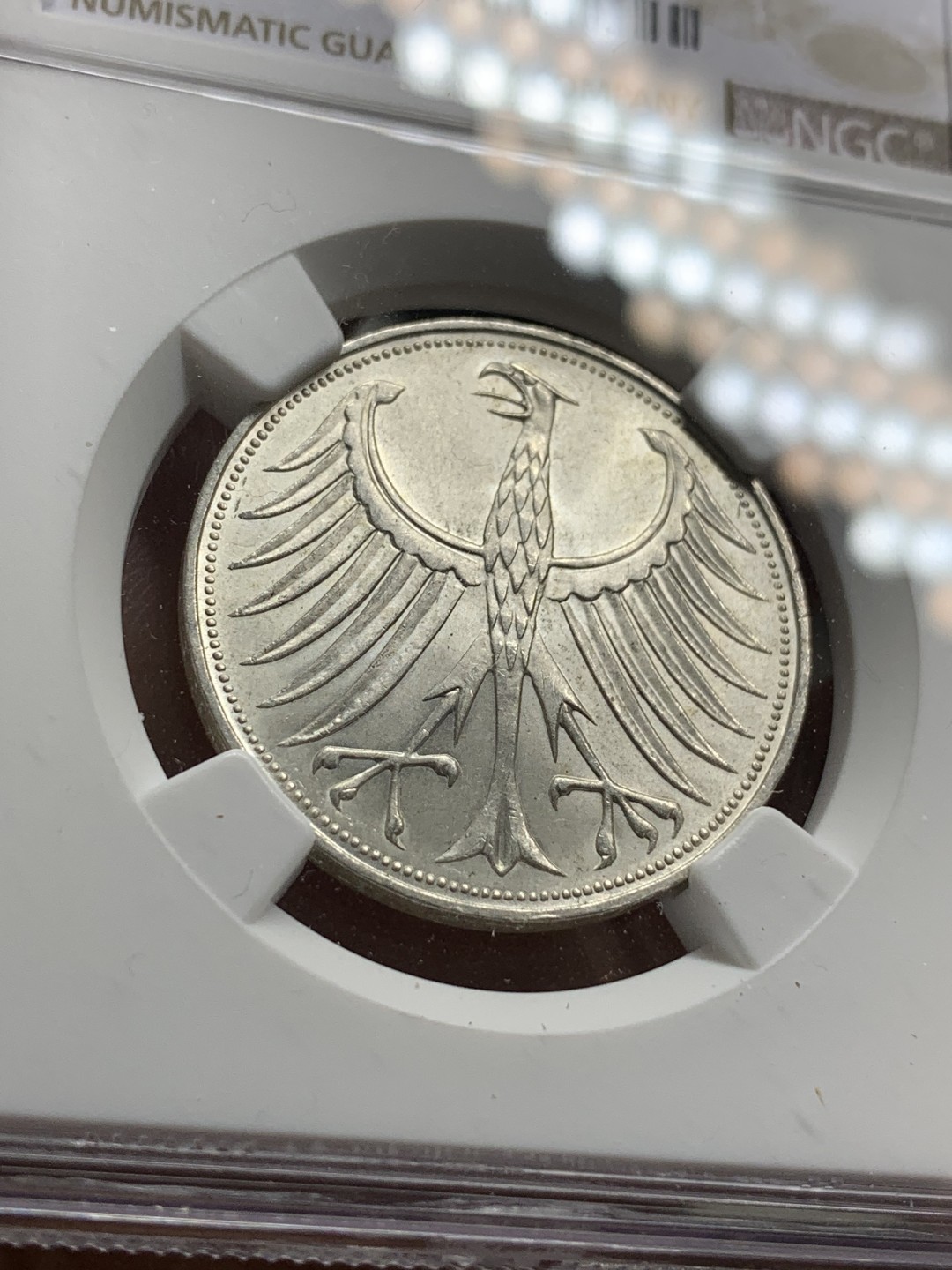 《竞宝斋》第112场-周日，周一 ，2场连拍（全场包邮） NGC-MS66 冠军分 德国1966年 鹰徽5马克银币