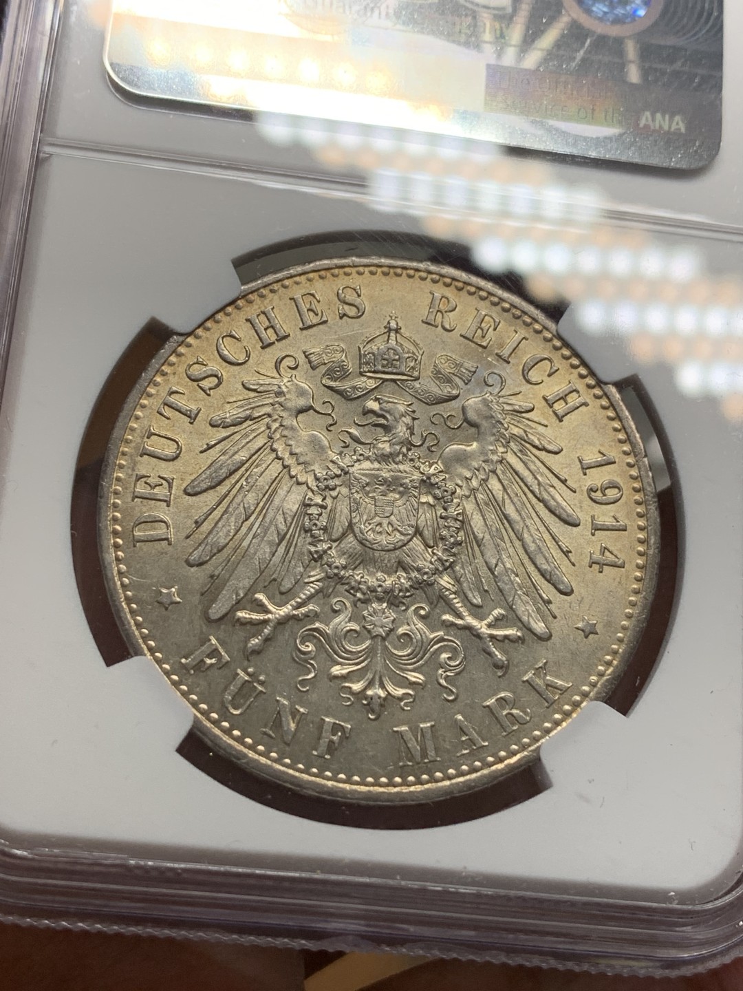 《竞宝斋》第112场-周日，周一 ，2场连拍（全场包邮） NGC-MS61 德国普鲁士1913年威廉二世军装5马克大银币