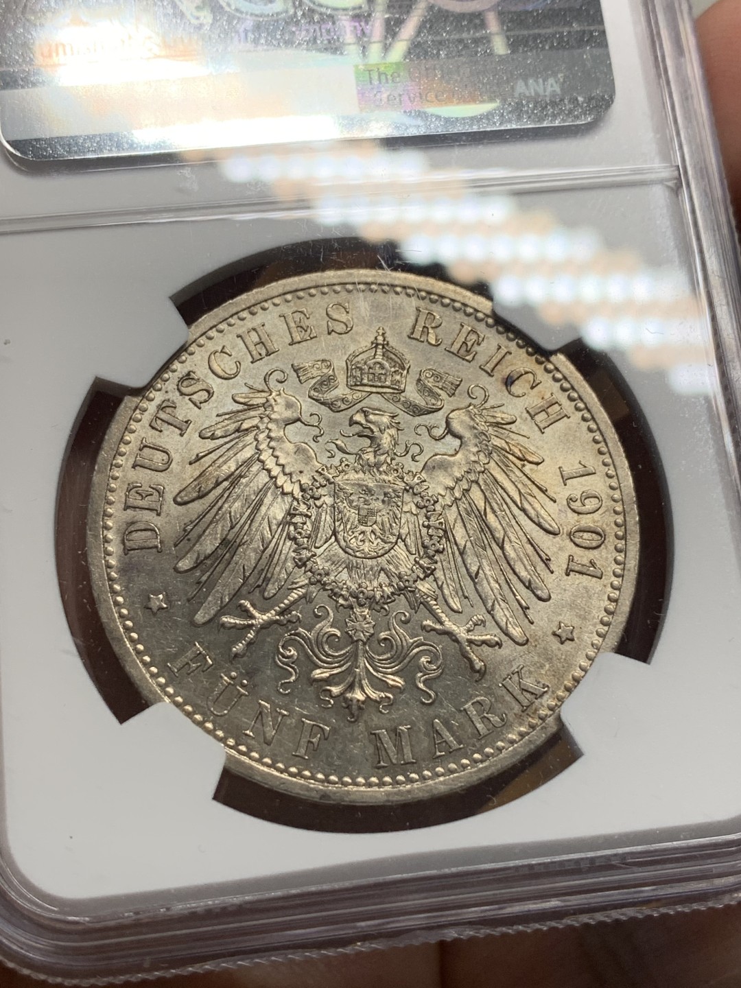 《竞宝斋》第112场-周日，周一 ，2场连拍（全场包邮） NGC MS62 德国普鲁士 1901年 建国200周年5马克 银币