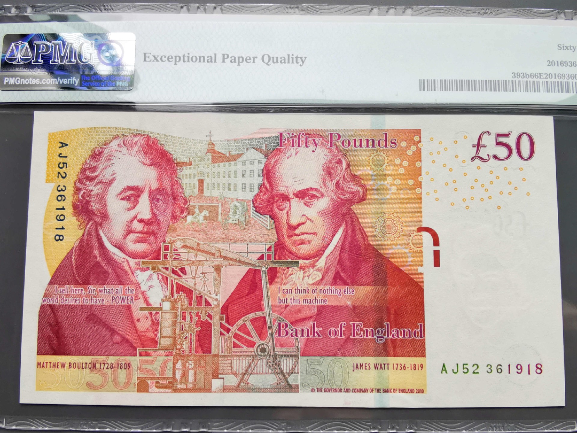 《崇甫堂》-英国纸钞PMG评级专场IV 英国 2015年  Pick:393b PMG-66 F序列50镑 博尔顿和瓦特