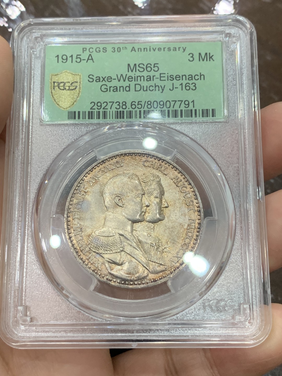 《竞宝斋》第112场-周日，周一 ，2场连拍（全场包邮） PCGS-MS65,德国1915年魏玛-艾森纳赫3马克银币,30周年纪念绿盒，人物饱满鹰徽特别