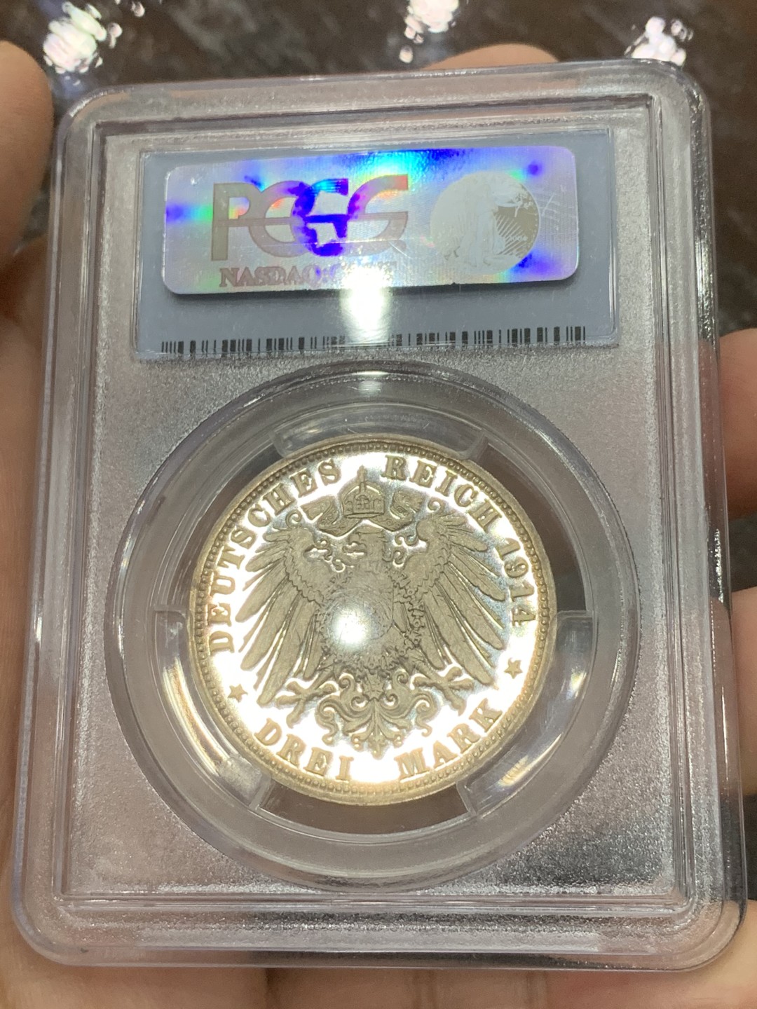 《竞宝斋》第112场-周日，周一 ，2场连拍（全场包邮） PCGS-PR64CAM,德国1914年安哈特德绍，结婚纪念3马克精制银币，玫瑰金包浆