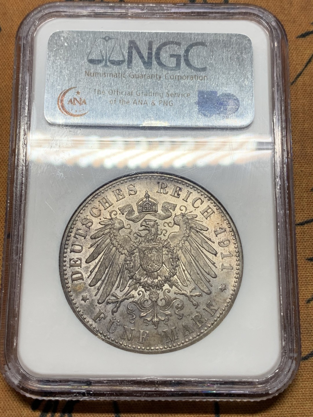 《竞宝斋》第112场-周日，周一 ，2场连拍（全场包邮） NGC MS63 德国巴伐利亚1911年利奥波德90大寿纪念5马克银币