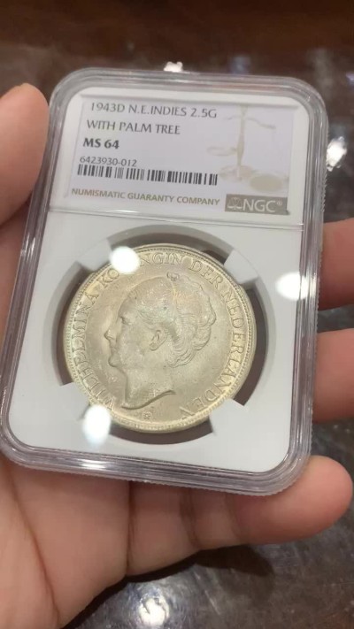 《竞宝斋》第112场-周日，周一 ，2场连拍（全场包邮） NGC-MS64 荷属东印度 1943年 威廉米娜女王 2.5盾大银币 原光好品 稀少品种