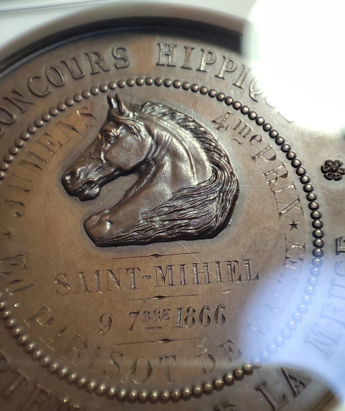 八角银章NGC章牌特卖会 1866法国赛马大赛纪念铜章加厚盒