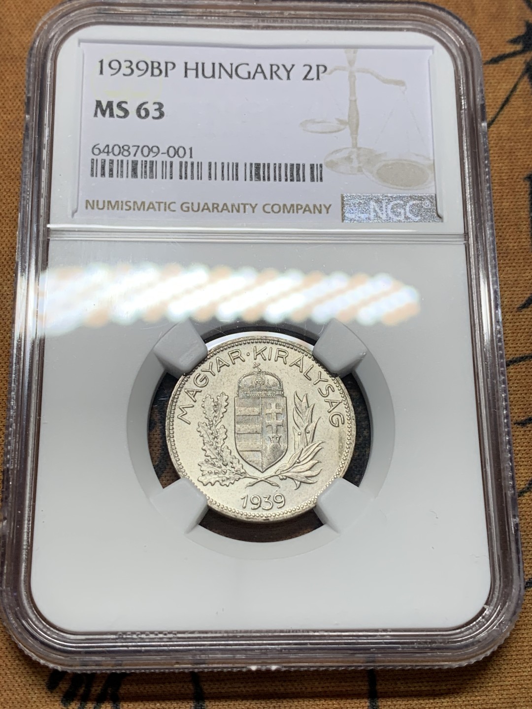 《竞宝斋》第112场-周日，周一 ，2场连拍（全场包邮） NGC-MS63 匈牙利1939年 盾徽1潘果银币 少见品种