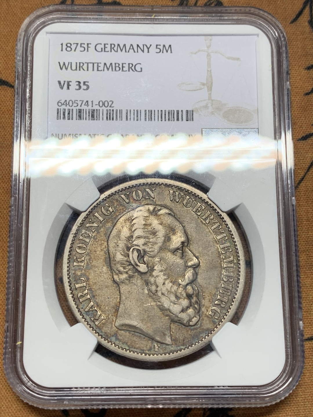 《竞宝斋》第112场-周日，周一 ，2场连拍（全场包邮） NGC VF35 1875年符腾堡5马克银币 味道佳