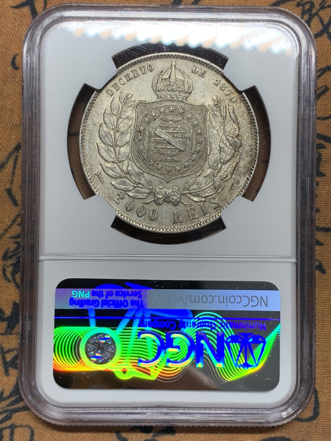 《竞宝斋》第112场-周日，周一 ，2场连拍（全场包邮） NGC-AU58 巴西1889年 佩德罗二世 2000R大银币 原光原味 暴涨品种