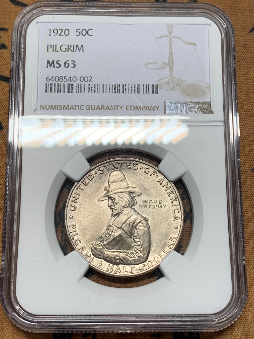 《竞宝斋》第112场-周日，周一 ，2场连拍（全场包邮） NGC MS63 美国1920年 清教徒 移民 纪念半圆银币 低评