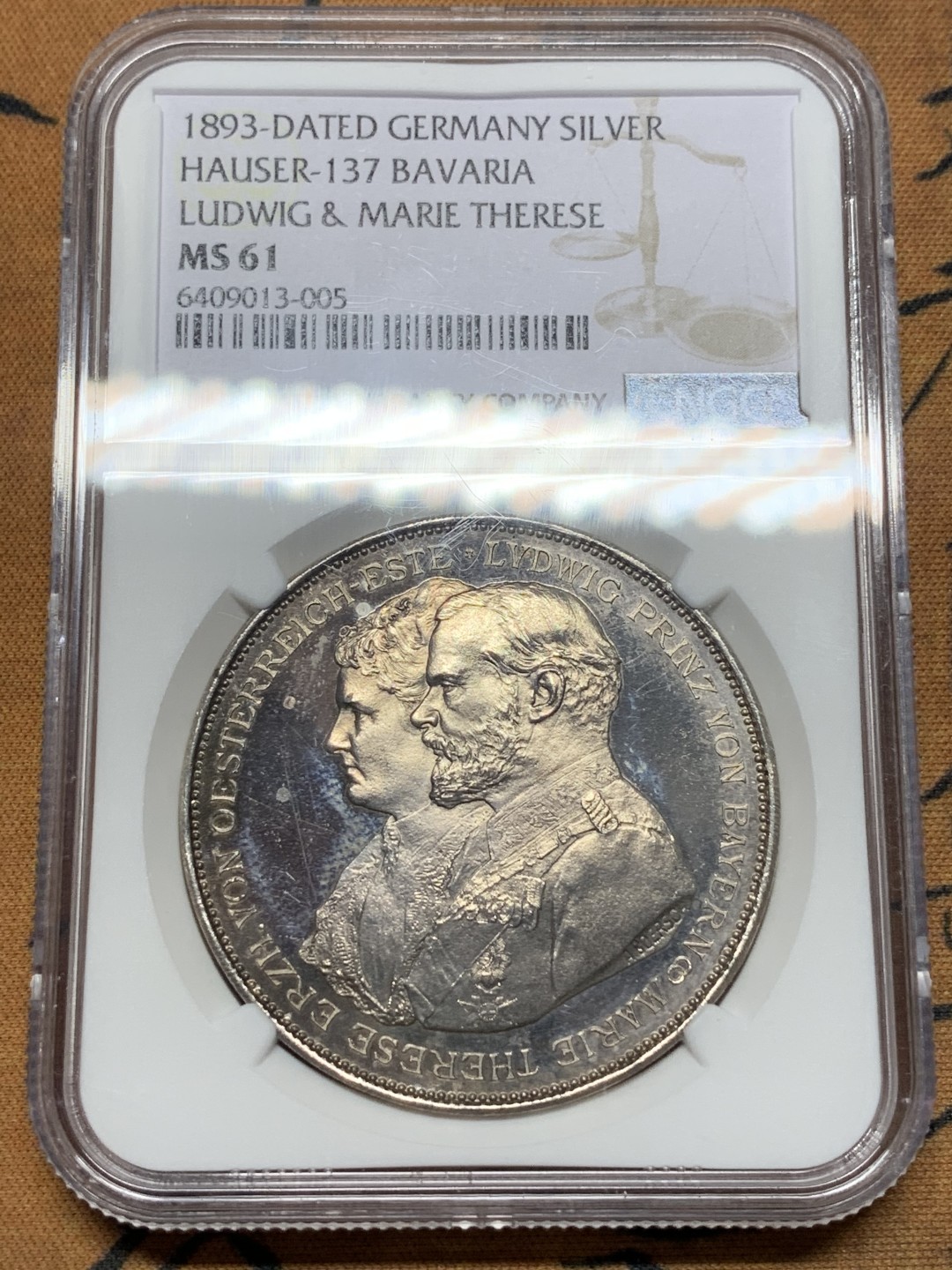 《竞宝斋》第112场-周日，周一 ，2场连拍（全场包邮） NGC-MS61 德国1893年拜仁路德维希家族子孙树 大规格银章 镜面工艺严重压分