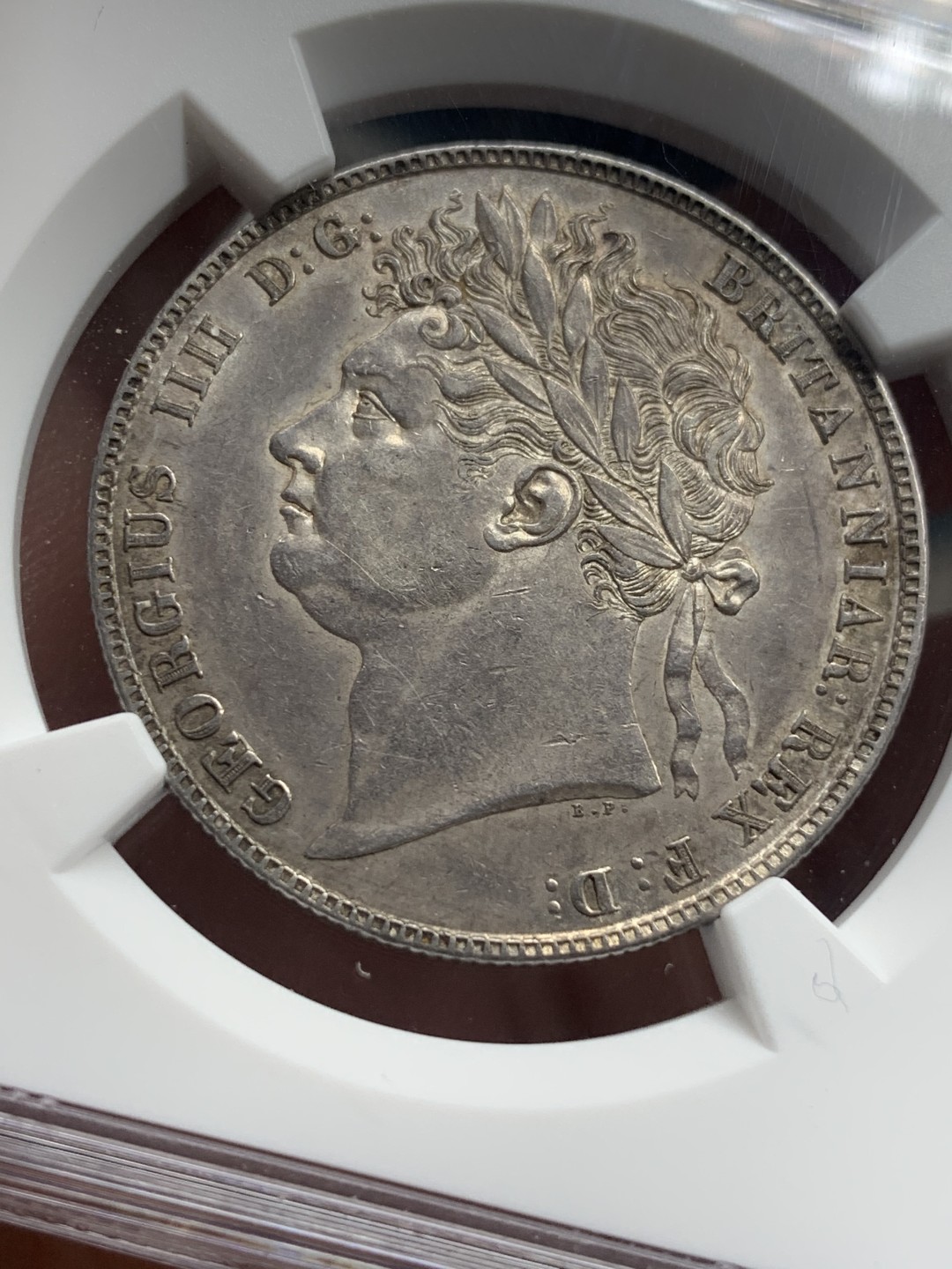 《竞宝斋》第112场-周日，周一 ，2场连拍（全场包邮） NGC AU58 英国乔治四世1823 半克朗银币 盾徽版本十分稀少