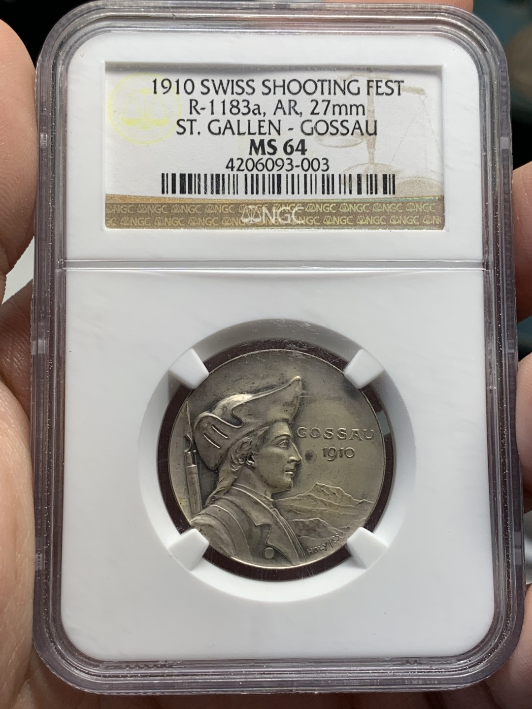 《竞宝斋》第112场-周日，周一 ，2场连拍（全场包邮） NGC MS64  1910年瑞士圣加仑射击节银章 生动形象 小熊憨厚可爱 市场流通量小于300枚