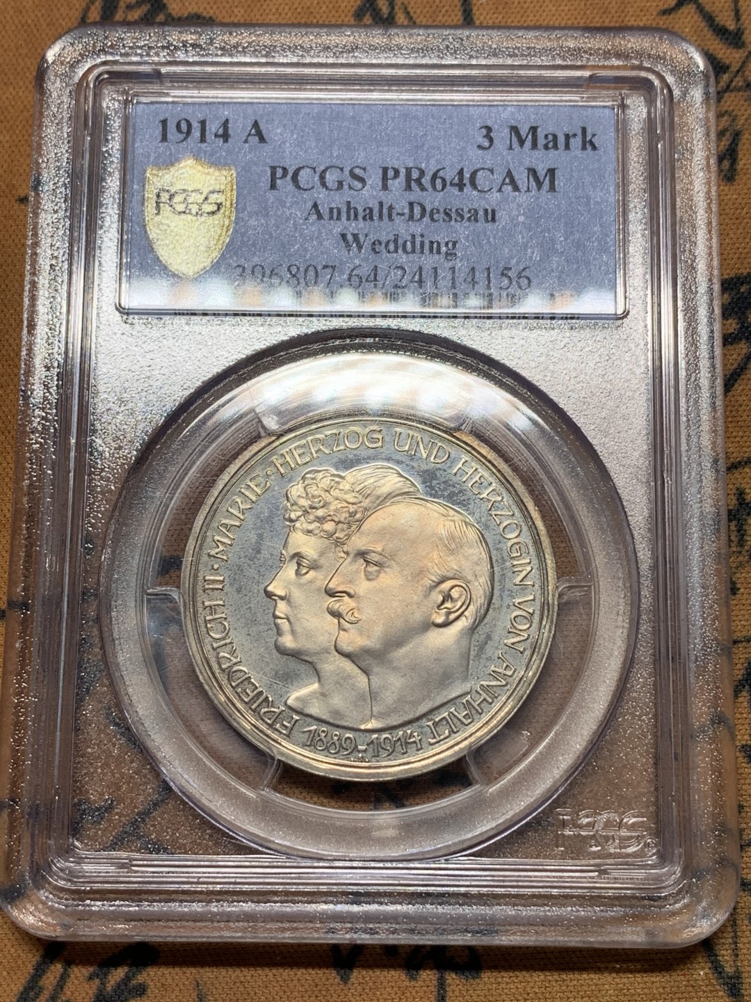《竞宝斋》第112场-周日，周一 ，2场连拍（全场包邮） PCGS-PR64CAM,德国1914年安哈特德绍，结婚纪念3马克精制银币，玫瑰金包浆