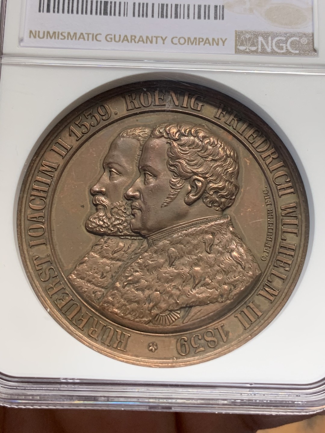 《竞宝斋》第112场-周日，周一 ，2场连拍（全场包邮） NGC UNC 德国1839宗教改革三百周年纪念铜章 加厚盒