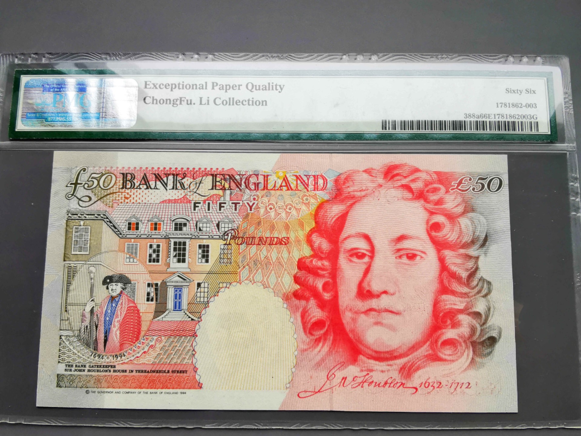 《崇甫堂》-英国纸钞PMG评级专场IV 英国 93-98年  A01首发字冠 千位小号 Pick:388a PMG-66 E序列初版50镑 霍布伦
