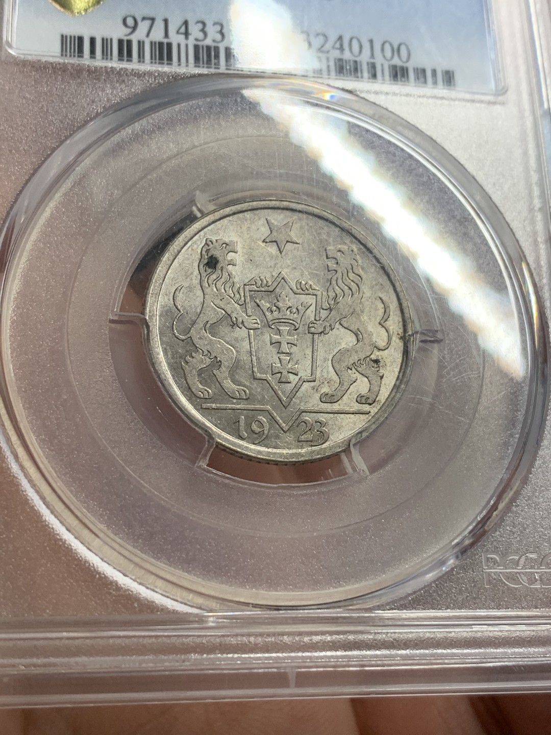 《竞宝斋》第112场-周日，周一 ，2场连拍（全场包邮） PCGS-AU58 1923年 但泽自由市双狮1盾银币 转光流畅，光度不输MS。日耳曼人与斯拉夫人几个世纪的争夺焦点，二战的开幕之地
