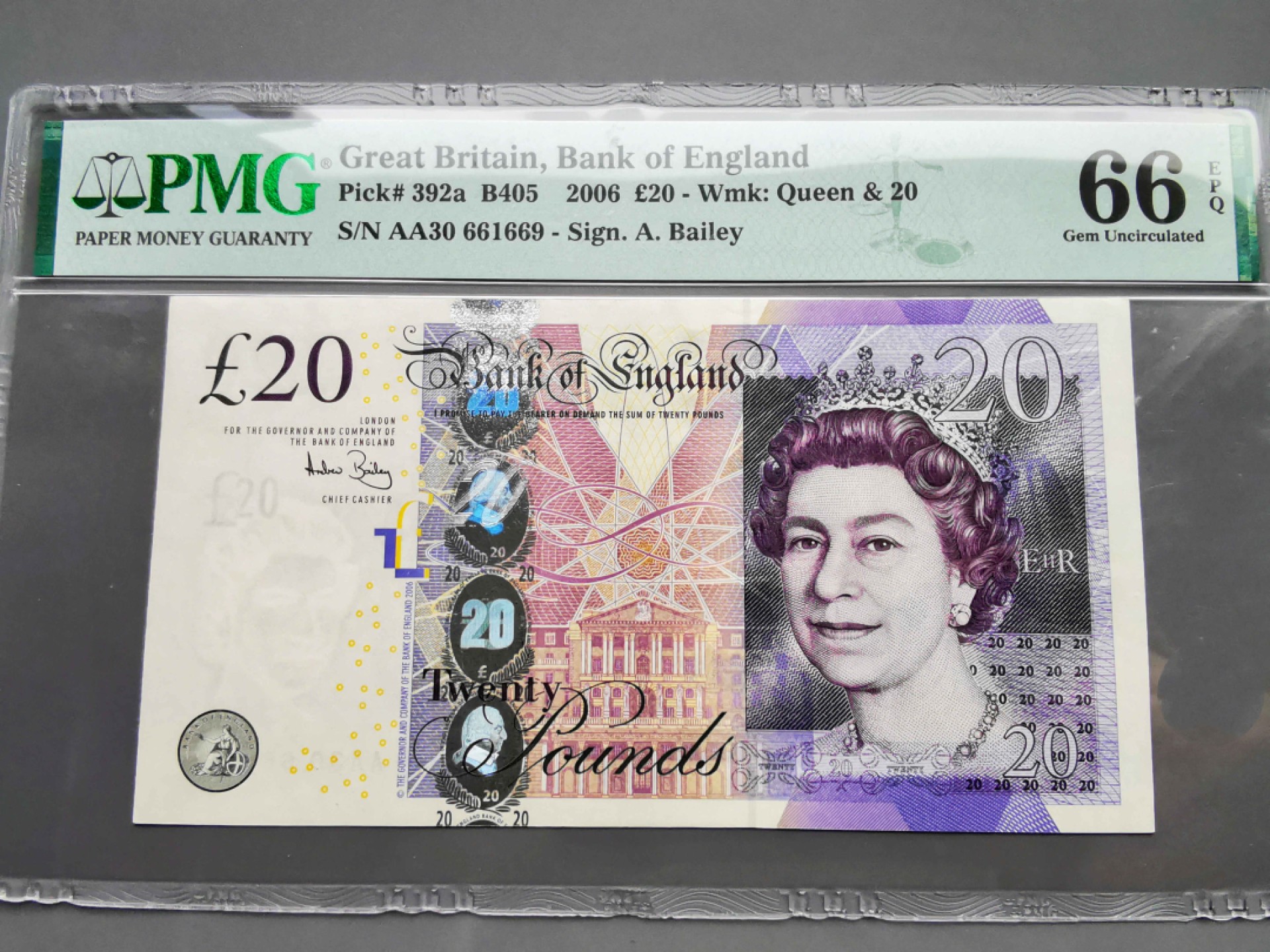 《崇甫堂》-英国纸钞PMG评级专场IV 英国 2006年 AA字冠  Pick:392a PMG-66 F序列20镑 亚当斯密