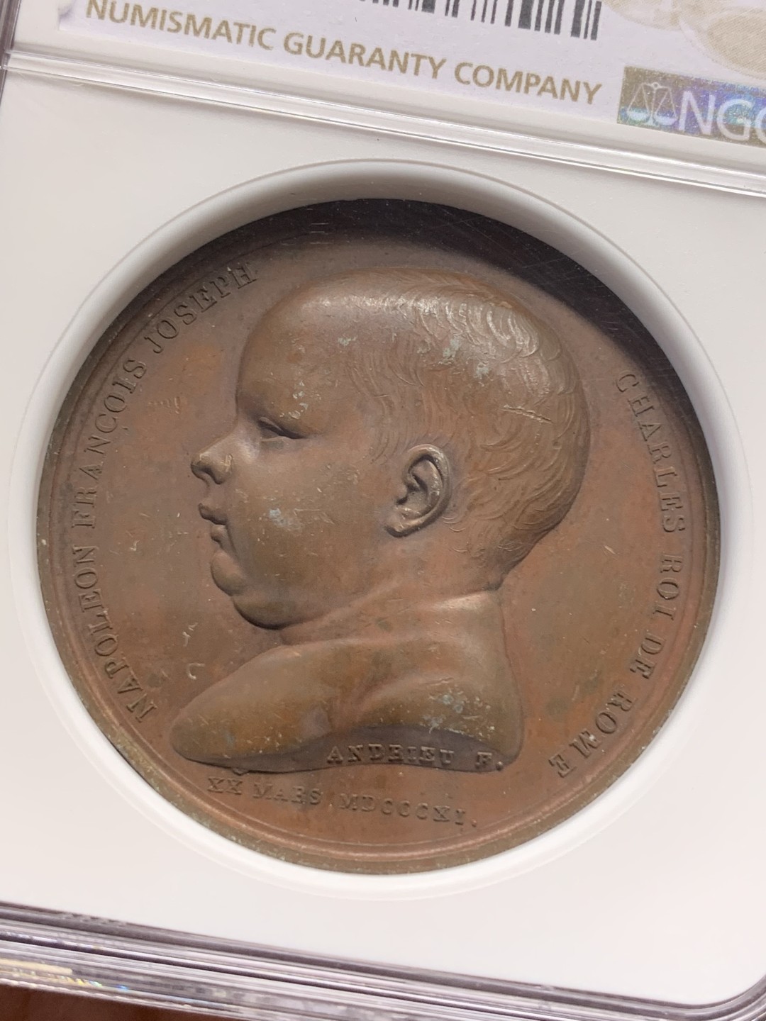 《竞宝斋》第112场-周日，周一 ，2场连拍（全场包邮） NGC MS63 法国 1811年 拿破仑二世 降生纪念 背面为皇后像环抱婴儿 N错标1840 需要反思 40.7mm直径大规格