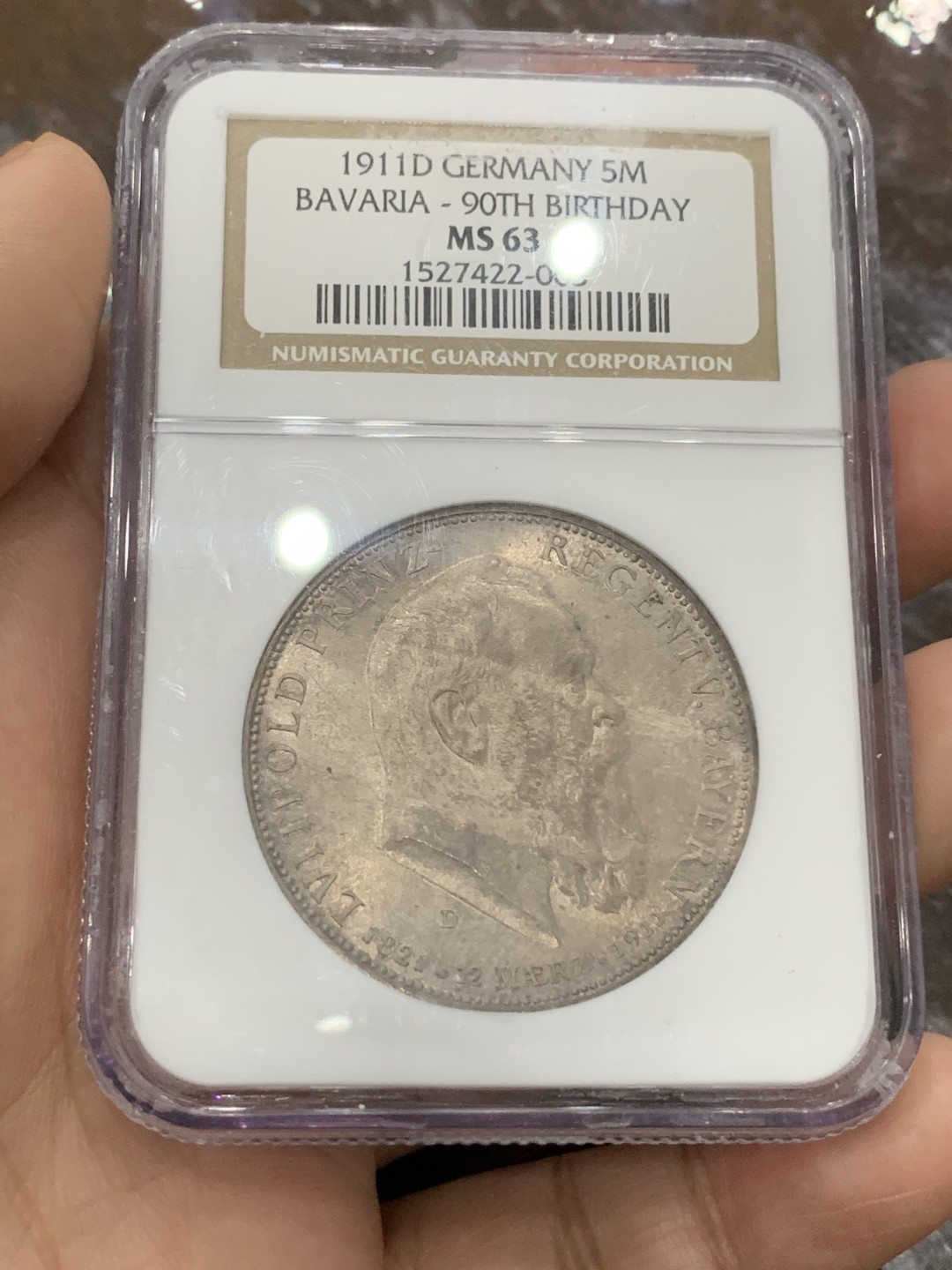 《竞宝斋》第112场-周日，周一 ，2场连拍（全场包邮） NGC MS63 德国巴伐利亚1911年利奥波德90大寿纪念5马克银币