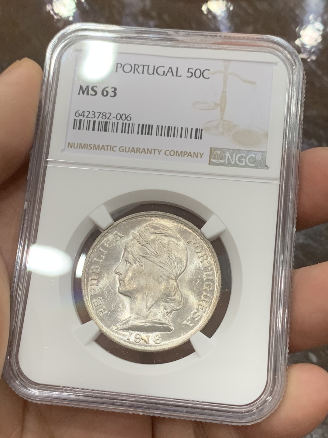 《竞宝斋》第112场-周日，周一 ，2场连拍（全场包邮） NGC-MS63 葡萄牙1916年 自由女神头像 50分半圆形银币 粉光好品