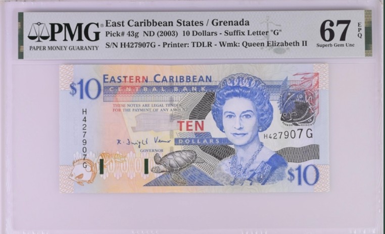 收藏联盟Quantum Auction 第204期拍卖 东加勒比国家(格林纳达)2003年10元 PMG67 