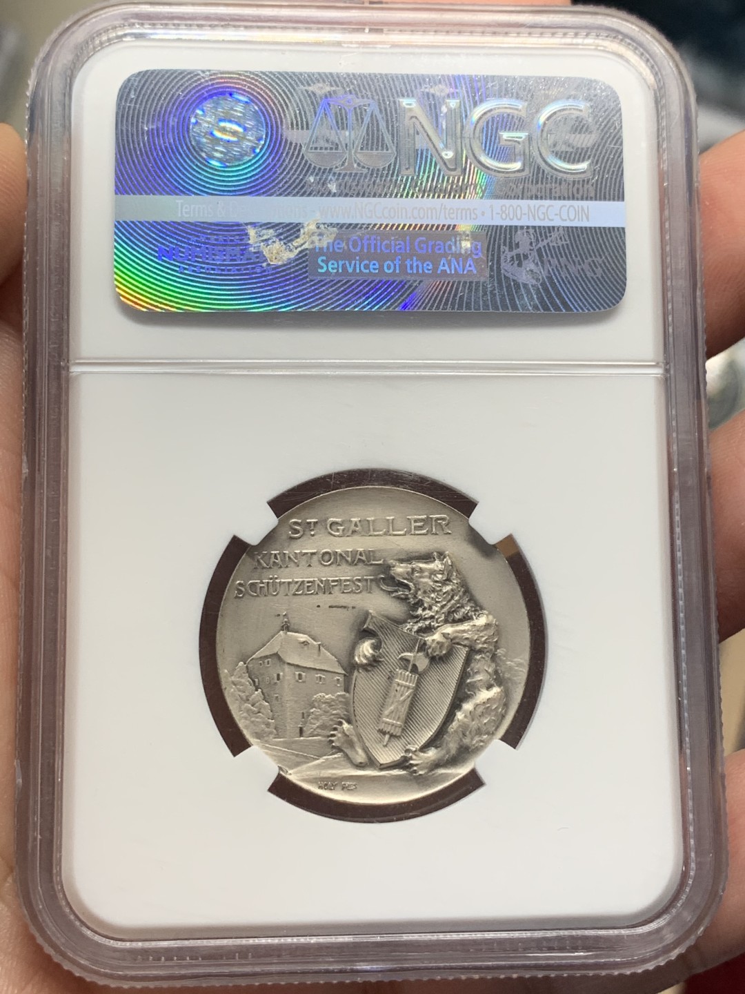 《竞宝斋》第112场-周日，周一 ，2场连拍（全场包邮） NGC MS64  1910年瑞士圣加仑射击节银章 生动形象 小熊憨厚可爱 市场流通量小于300枚