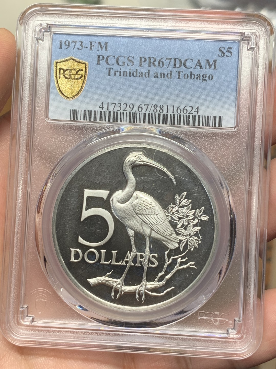《竞宝斋》第112场-周日，周一 ，2场连拍（全场包邮） PCGS金盾 PR67DCAM 特立尼达和多巴哥1973年5元精制大银币，亚军分。925银，直径40mm，重量27.9g