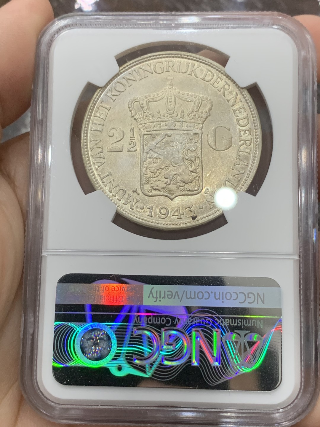 《竞宝斋》第112场-周日，周一 ，2场连拍（全场包邮） NGC-MS64 荷属东印度 1943年 威廉米娜女王 2.5盾大银币 原光好品 稀少品种