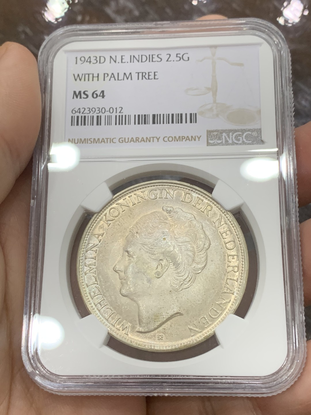 《竞宝斋》第112场-周日，周一 ，2场连拍（全场包邮） NGC-MS64 荷属东印度 1943年 威廉米娜女王 2.5盾大银币 原光好品 稀少品种