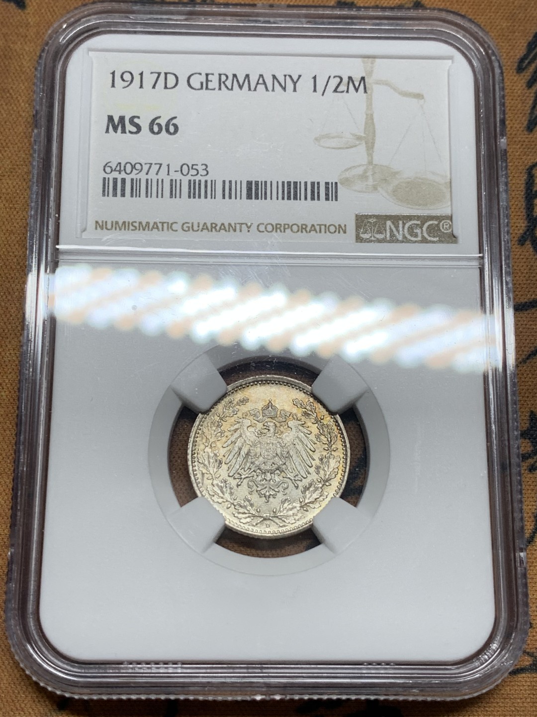 《竞宝斋》第112场-周日，周一 ，2场连拍（全场包邮） NGC-MS66 德国德意志第二帝国1917年半马克银币 高分