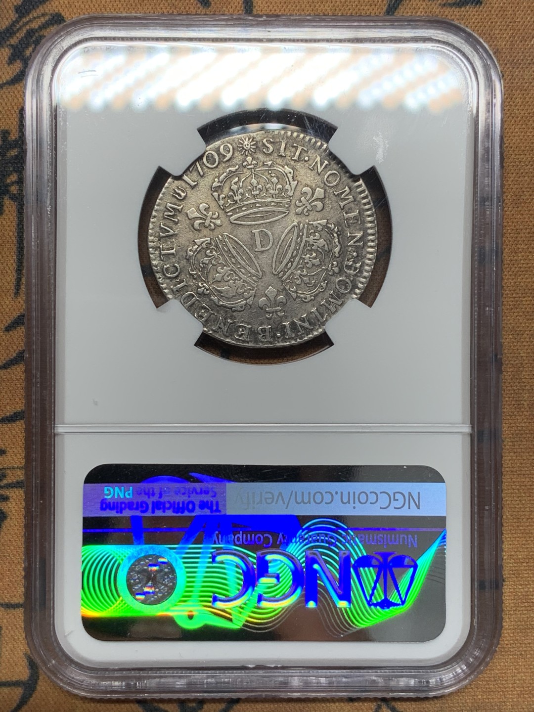 《竞宝斋》第112场-周日，周一 ，2场连拍（全场包邮） NGC XF 法国 1709年D版 路易十四 太阳王 1/4埃居 银币 少见规格 整体清晰