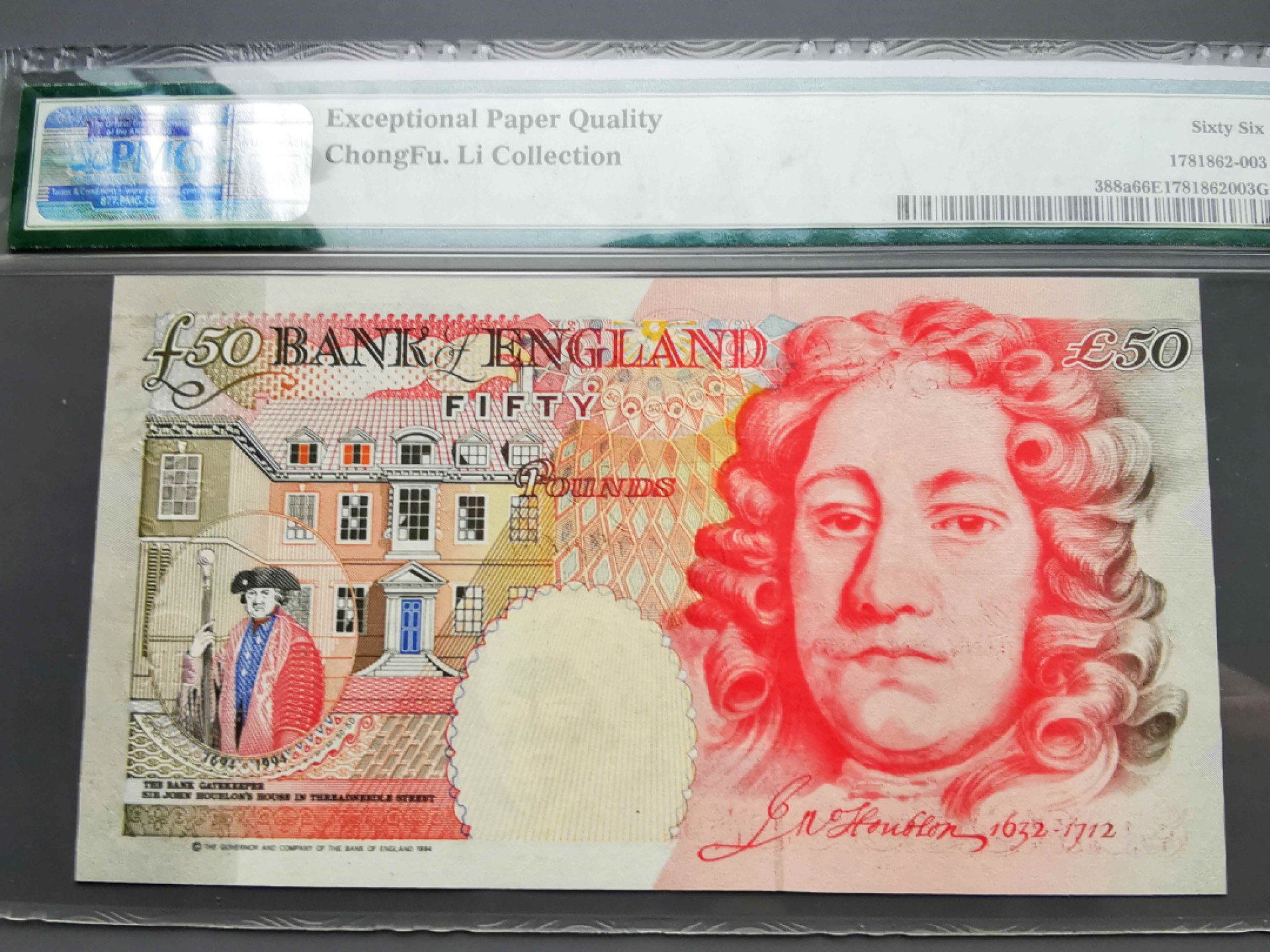 《崇甫堂》-英国纸钞PMG评级专场IV 英国 93-98年  A01首发字冠 千位小号 Pick:388a PMG-66 E序列初版50镑 霍布伦
