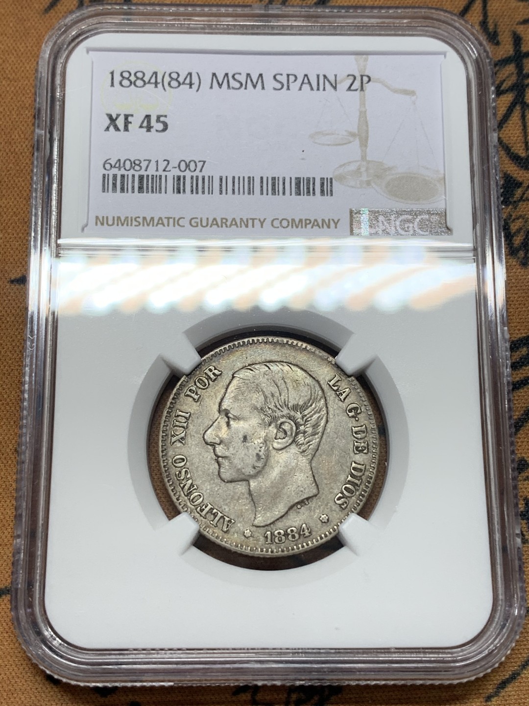 《竞宝斋》第112场-周日，周一 ，2场连拍（全场包邮） NGC-XF45 西班牙1884年 西班牙阿方索十二世 2比塞塔银币 原味好品 年份也是比较少见的