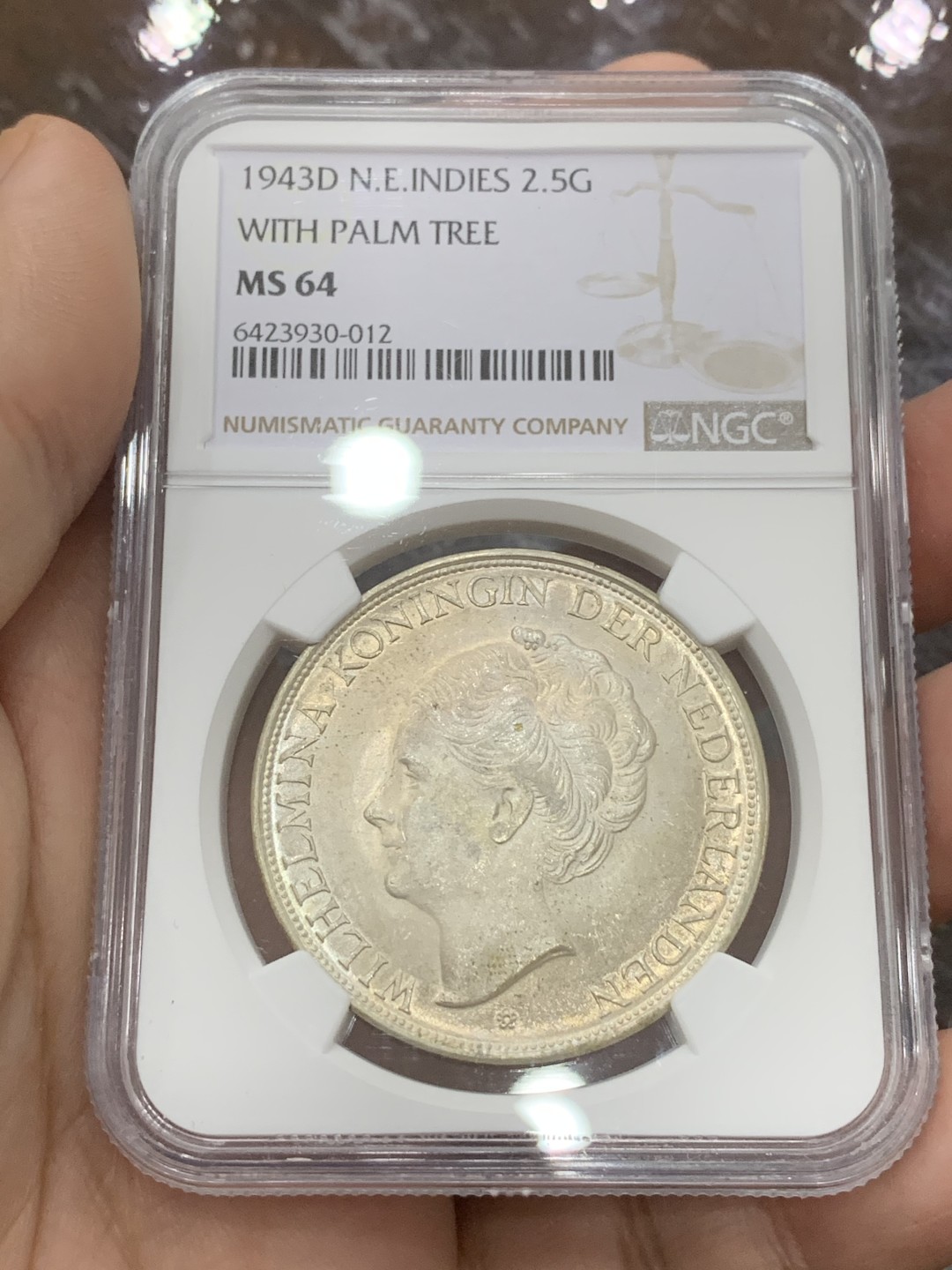 《竞宝斋》第112场-周日，周一 ，2场连拍（全场包邮） NGC-MS64 荷属东印度 1943年 威廉米娜女王 2.5盾大银币 原光好品 稀少品种