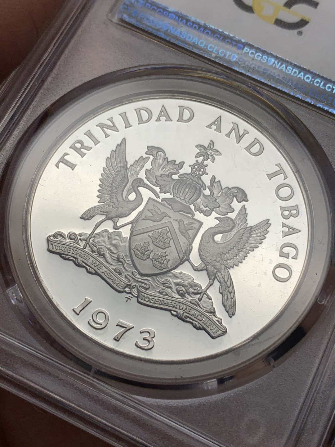 《竞宝斋》第112场-周日，周一 ，2场连拍（全场包邮） PCGS金盾 PR67DCAM 特立尼达和多巴哥1973年5元精制大银币，亚军分。925银，直径40mm，重量27.9g