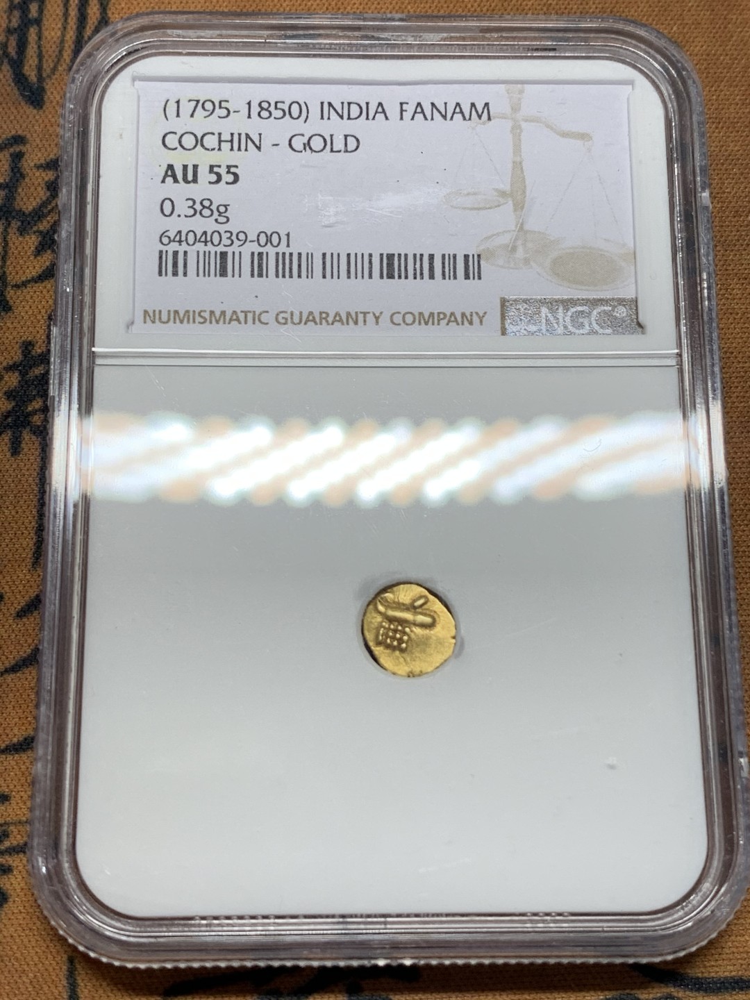 《竞宝斋》第112场-周日，周一 ，2场连拍（全场包邮） NGC-AU55 印度克钦邦1795年 FANAM法兰金币 早期金币 小金豆 非常可爱