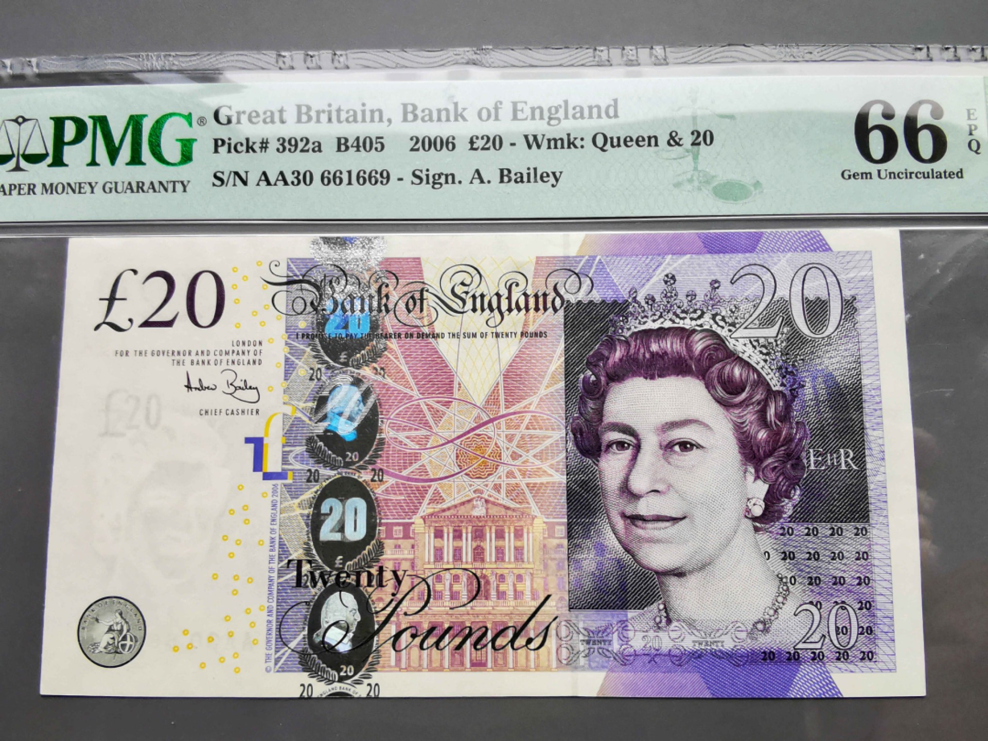 《崇甫堂》-英国纸钞PMG评级专场IV 英国 2006年 AA字冠  Pick:392a PMG-66 F序列20镑 亚当斯密