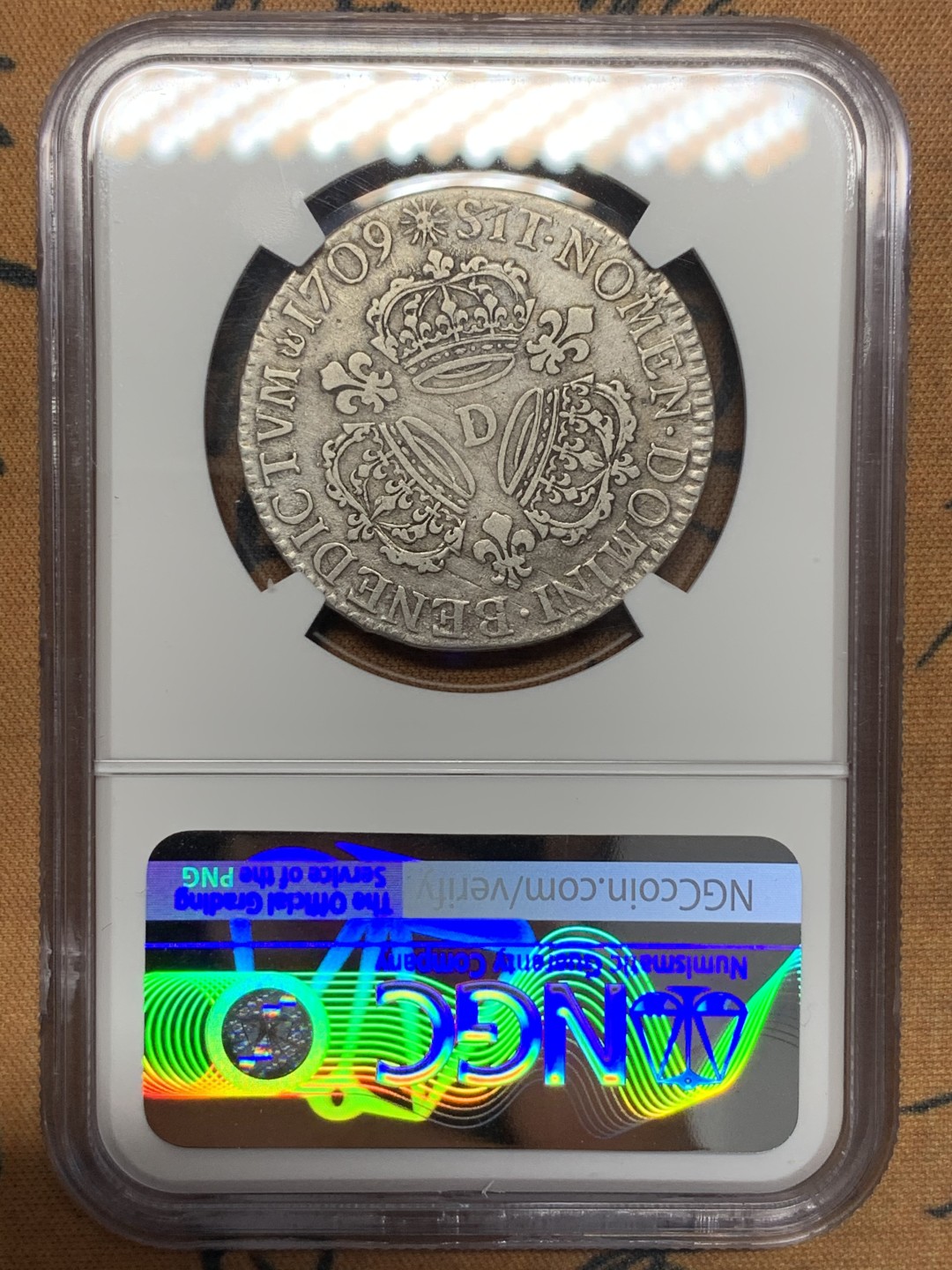 《竞宝斋》第112场-周日，周一 ，2场连拍（全场包邮） NGC VF 法国 1709年D版 路易十四 太阳王 1/2埃居 银币 状态不错 好于评级等级