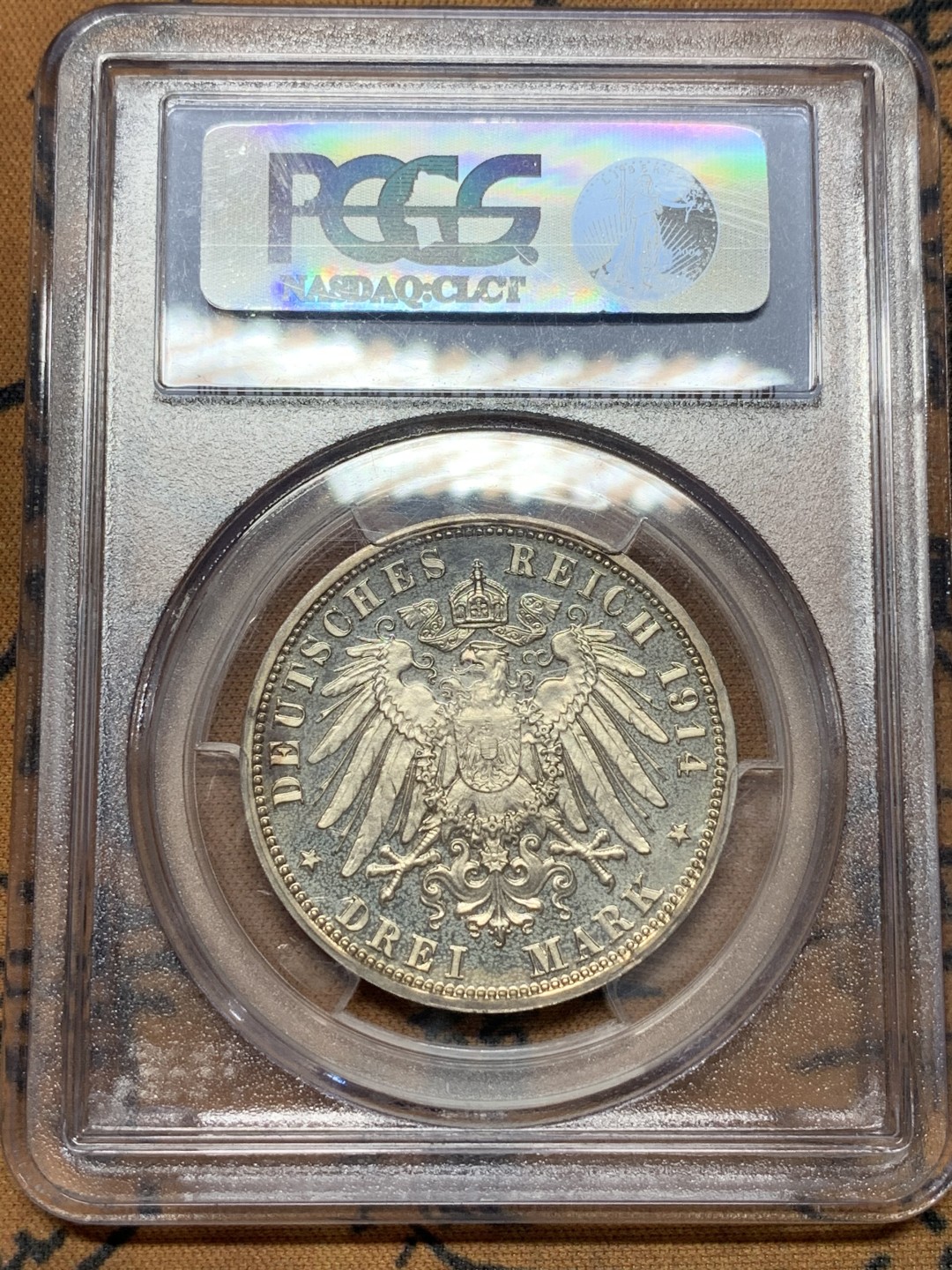 《竞宝斋》第112场-周日，周一 ，2场连拍（全场包邮） PCGS-PR64CAM,德国1914年安哈特德绍，结婚纪念3马克精制银币，玫瑰金包浆