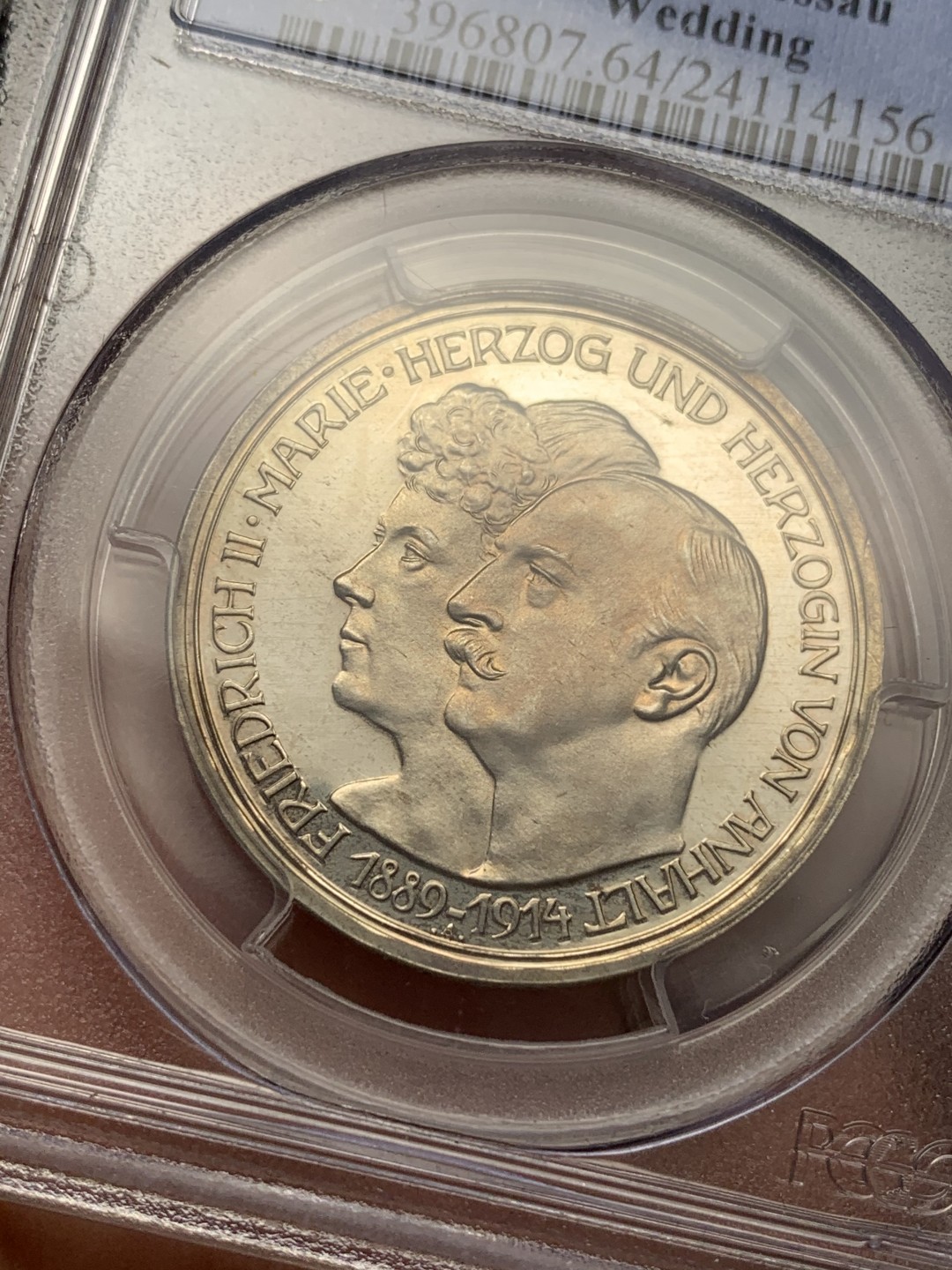《竞宝斋》第112场-周日，周一 ，2场连拍（全场包邮） PCGS-PR64CAM,德国1914年安哈特德绍，结婚纪念3马克精制银币，玫瑰金包浆