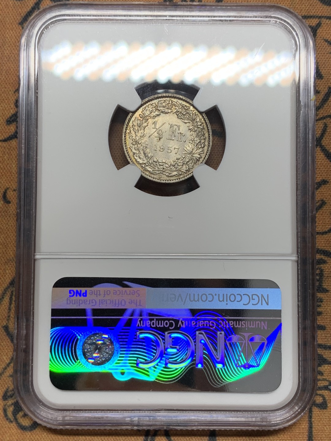 《竞宝斋》第112场-周日，周一 ，2场连拍（全场包邮） NGC-MS64 瑞士1957年 1/2法郎银币 原光顶级好品